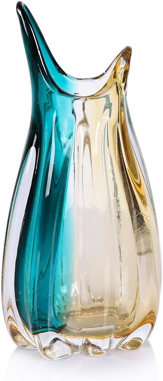 orenm Hand Blown Glass Vase,Unique Wide Glass vase,Modern Colorful Turquoise Glass Art Decor,Amber and Teal Vases for Office,Living Room,Dining Table Table Centerpieces Decorative (Horn-M)