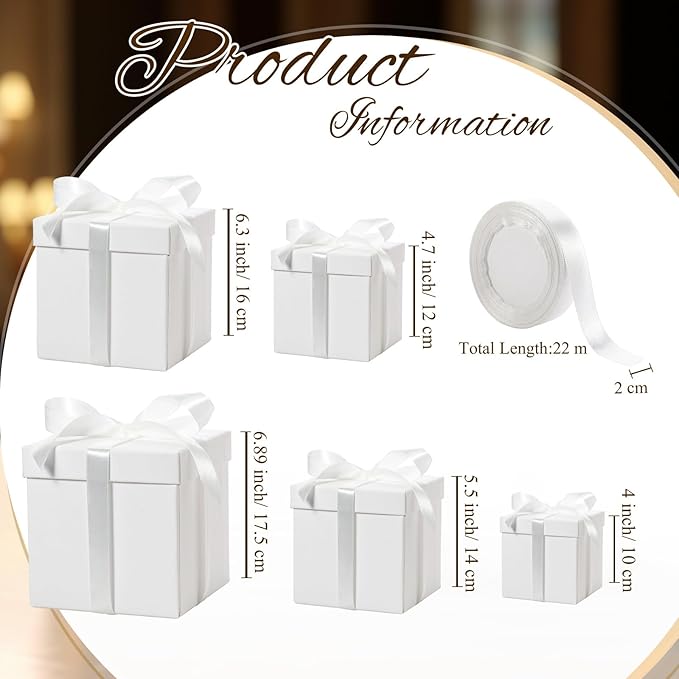 Cholemy 5 Pcs Square Nesting Boxes Decorative Gift Boxes with Lid and Ribbon Assorted Sizes Wrap for Wedding, Thanksgiving, Christmas, Anniversary, Birthday, Bridal Party(White)