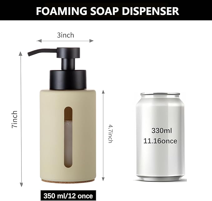Enra Thick Glass Foaming Soap Dispenser with Clear Window,12oz Bathroom Soap Dispenser with Stainless Steel Pump, Modern Boho Refillable Pump Bottle for Bathroom Kitchen (Beige/Foam Type)