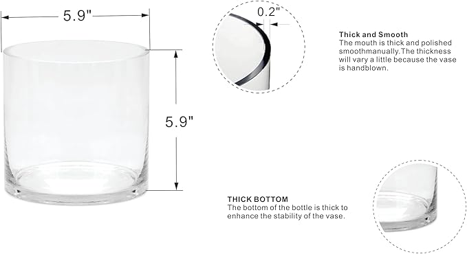 6" Wide 6" Tall Large Hand Blown Sturdy Clear Cylinder Glass Vase, Centerpiece Flower Vase for Rose, Tulip, Boquets, Hurricane Candle Holder (1, 6"x6")