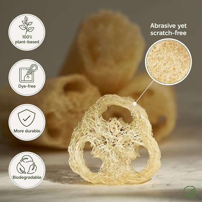 Chill Ah Green Glow Loofah Sponge Set – 100% Plant-Based, Dye-Free, Biodegradable, Scratch-Free, Handcrafted in Vietnam (2-Pack)