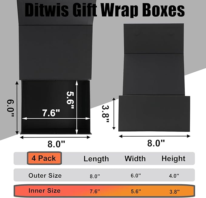 Ditwis 4 Pack 8x6x4 Inches Gift Boxes with Magnetic Closure Lids, Black Magnetic Box for Wedding, Groomsmen Bridesmaid Proposal, Birthdays, Mother's Day