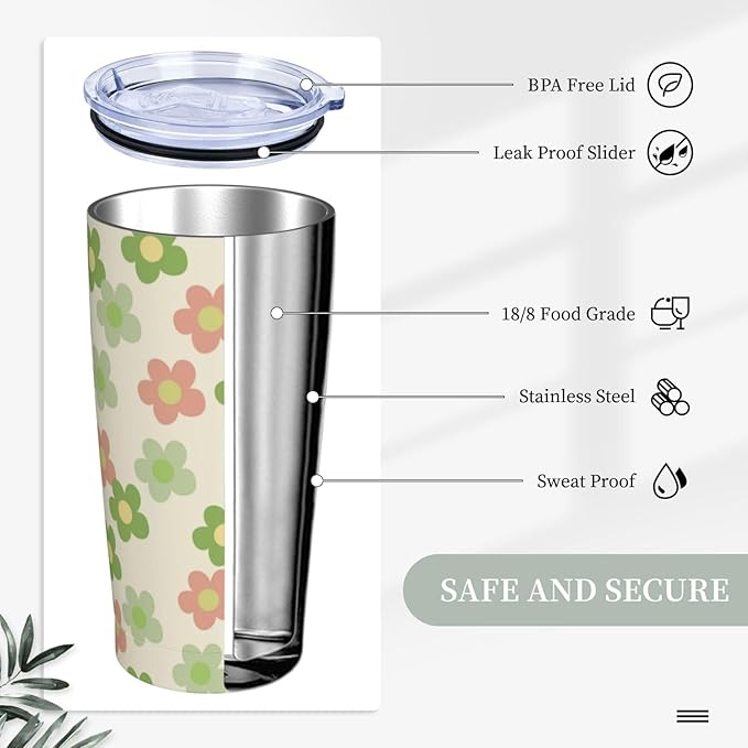 Flowers Tumbler,Daisy flower 20oz Stainless Steel Insulated Travel Tumblers,Travel Coffee Mug with Lid and Straw Water Bottle Drink Tumbler Cups Gifts for Women Men Lovers
