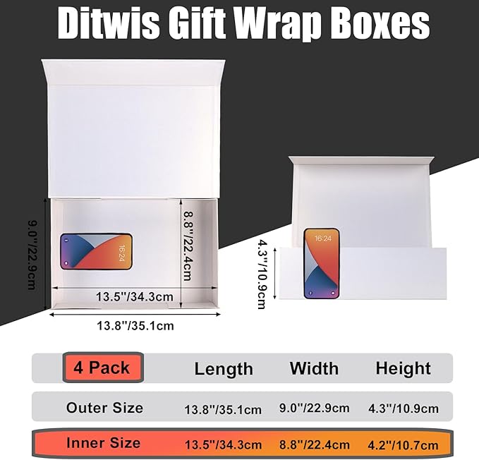 Ditwis 4 Pack 13.8x9x4.3 Inches Gift Boxes with Magnetic Closure Lids, White Magnetic Box for Wedding, Groomsmen Bridesmaid Proposal, Birthdays, Mother's Day