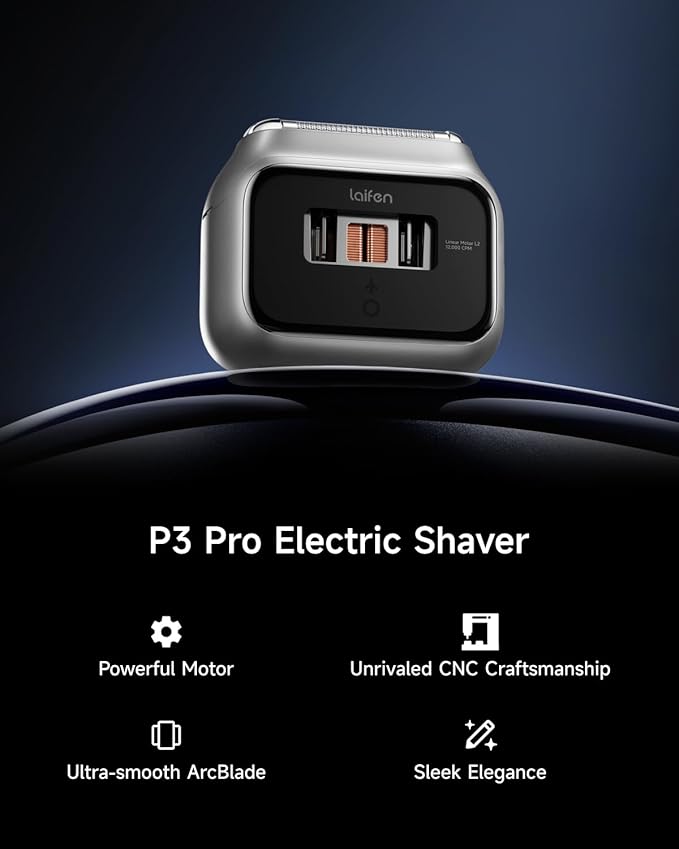 Laifen P3 Pro 3-Blade Electric Shaver, Dual Linear High-Speed Motors 12,000 Cuts/Min, 100-Min Runtime, IPX7 Waterproof, Rechargeable Electric Razor for Men, Travel-Friendly (Aluminum Alloy)