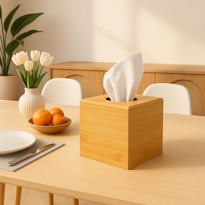 Premium Bamboo Tissue Box Cover – Modern Minimalist Wooden Tissue Box Holder with Sliding-Bottom for Easy Refill – Durable Eco-Friendly Home Decor Accessory for Bathroom, Bedroom, Office