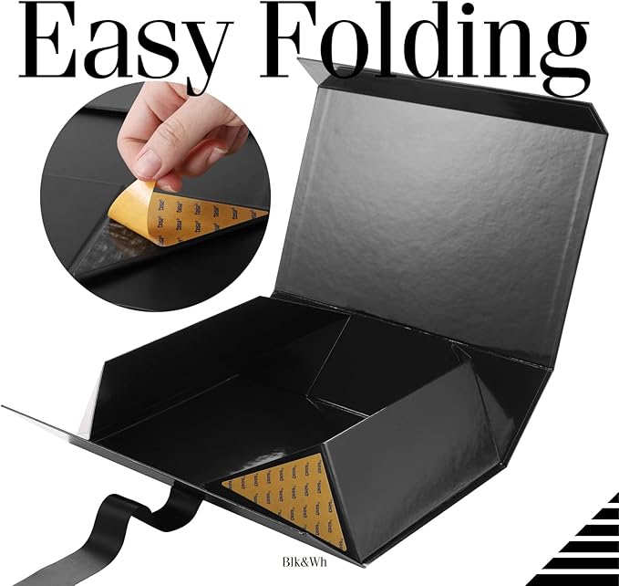 BLK&WH Large Gift Box with Ribbon 13.5x9x4.1 Inches, Black Gift Box with Lid Large, Groomsman Proposal Box, Luxury Magnetic Box for Presents (Glossy Black)