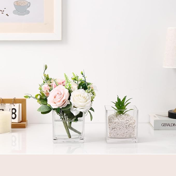 Square Glass Vases Set of 4, 5" x 5" x 5" Clear Flower Vases for Centerpieces, Square Vase for Flowers, Small Vase for Wedding, Party, Home Office Decoration