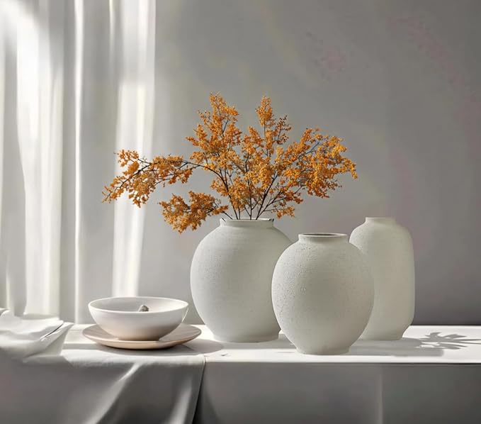 Large White Ceramic Vase, 9.8 inch Round Minimalist Textured Vase, Rustic Farmhouse Decor for Home, Living Room, Shelf, Table, Wedding & Entryway Decoration (Sandstone White)