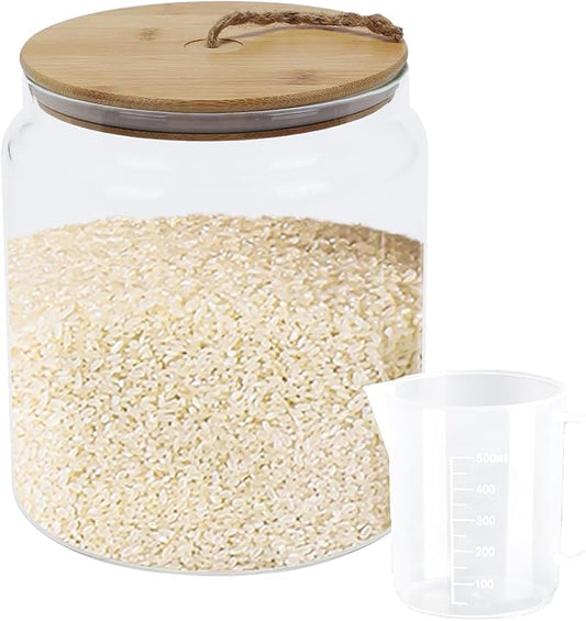 Rice Storage Container,Glass Cereal Dispenser Countertop with Bamboo Lid,Clear Airtight Food Storage Containers,135 Oz (4000ml) Kitchen Food Jars,Pantry Canister for Coffee Bean,Flour Sugar