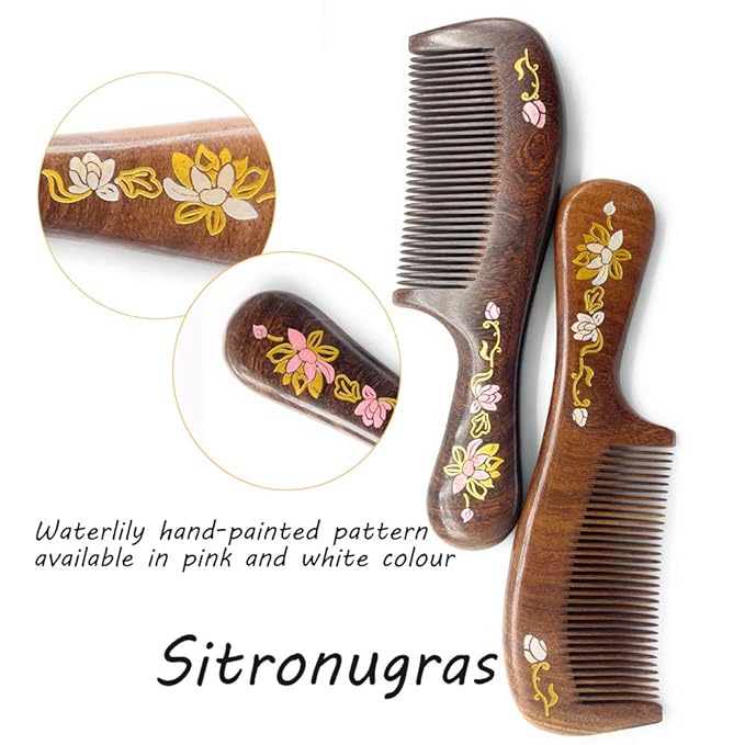 Wooden Comb Natural Handmade Comb, Fine Tooth Sandalwood Comb for Wavy hair,Thick hair, Thin hair, Straight hair, No Static No Snag Reduce Tangle Combs for Men Women Kids,Wooden Hair Comb with Handle (Water Lilies Hand-drawn Pink)