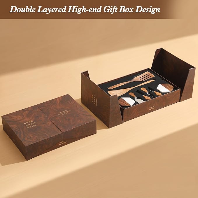 Luxury Kitchen Gift Set for Housewarming – Marble Cheese Board, Acacia Wooden Grinders, Cheese Knives & Utensils, Coaster Set – Elegant Charcuterie & Cooking Gift Box for Women, Couples, New Home