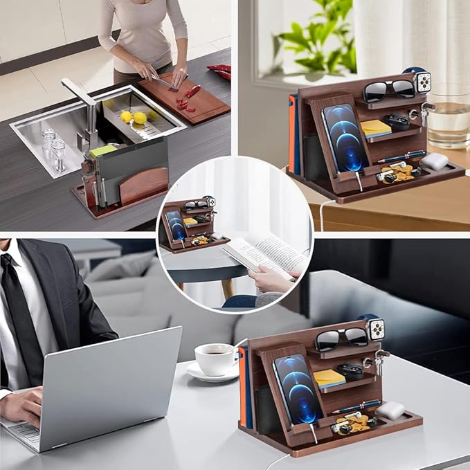 Gifts for Men Bedside Organiser Wood Phone Docking Station Dad Birthday Gifts for Him Nightstand Key Wallet Watch Stand Mens Gifts for Xmas Presents for Dad Husband Boyfriend Anniversary & Christmas