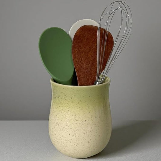 Medium Ceramic Kitchen Utensil Holder for Kitchen Counter Short Cooking Utensil Holder for Countertop Spatula Holder Small Utensil Crock Cutlery Holder Silverware Caddy Flower Vase (Yellow Green)