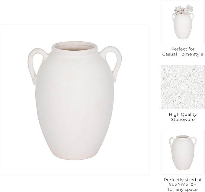 Sagebrook Home Stoneware Vase with Handles - Textured Decorative Pottery for Home & Office - Modern Rustic Accent for Living Room, Bedroom, or Table Centerpiece - 10" White