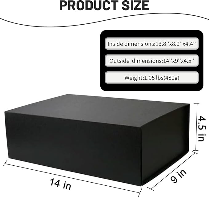 YINUOYOUJIA Large Black Gift Boxes with Lid,14"x9"x4.5" Magnetic Gift Box with Ribbon,Cards and Envelopes for Presents,Great for Wedding,Birthdays,Crafting,Gift Packaging.