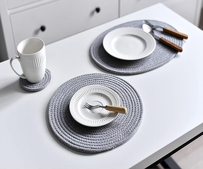 4 Pack Woven Placemats, 13.8 inches Round Plate Chargers Grey Thick Placemat Set Cotton Rope Braided Tablemats Rattan Mats Rustic Weave Placemats for Table Decoration