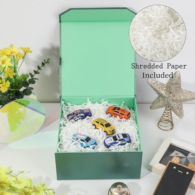 1 Pc Small Green Magnetic Gift Box 8x8x4 Inch Box with Crinkle & Shredded Paper, Luxury Gift Boxes with Lids