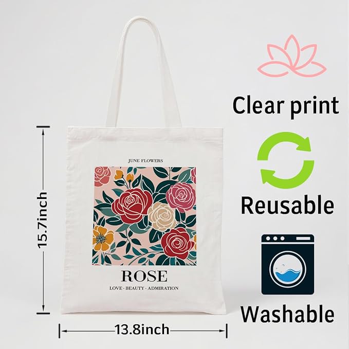 Month Flower Canvas Tote Bag, June Rose Reusable Shoulder Bags, Gifts to Sister and Friends, Holiday Gift Bags for Wrap Storage, Casual Canvas Totes for Work Traveling