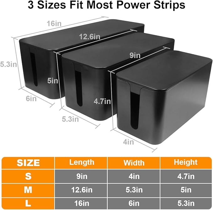 DUNCHATY 3 Pack Cable Organizer Box with Large, Medium, Small Cord Hider Box Safe ABS Material for Cover and Hide TV Wires, Computer, Router, USB Hub and Under Desk Power Strip&Cords