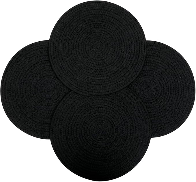 4 Pack Round Woven Placemats,13.8 inch Plate Chargers Black Thick Place Mats Cotton Rope Braided Tablemats Rattan Tablemats Black Weave Placemats for Dining Table
