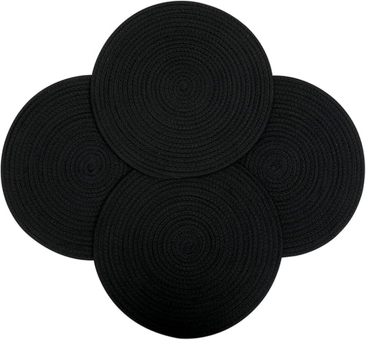 4 Pack Round Woven Placemats,13.8 inch Plate Chargers Black Thick Place Mats Cotton Rope Braided Tablemats Rattan Tablemats Black Weave Placemats for Dining Table