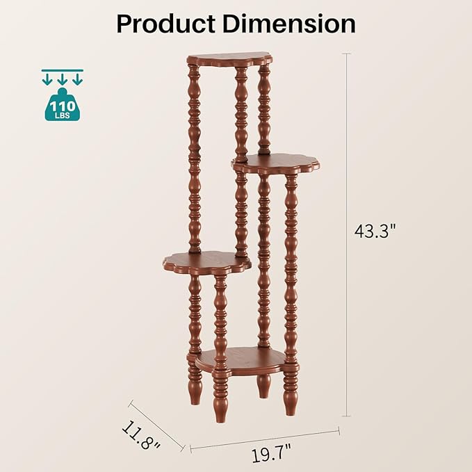 Wooden Plant Stand Indoor - 4 Tier 43.3" H Tall Classic Antique Vintage Heavy Duty Solid Wood Plant Stand Shelf for House Corner, Living Room, Bedroom, Entryway, Hallway, Garden, Balcony (Retro Brown)