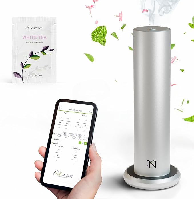 Dynamo Hotel Scent Diffuser – Cold-Air Essential Oil Diffuser for Home & Large Rooms up to 1000 sq ft, App & Manual Control, Hypoallergenic, Includes White Tea Fragrance Sample – Silver