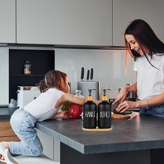 Arktek Glass Soap Dispenser Set with Tray, 2 Pack Hand and Dish Soap Dispenser Set for Bathroom and Kitchen Bottle Dispenser with Dish Soap, Hand Soap, Lotion 17 Oz (2 Black)