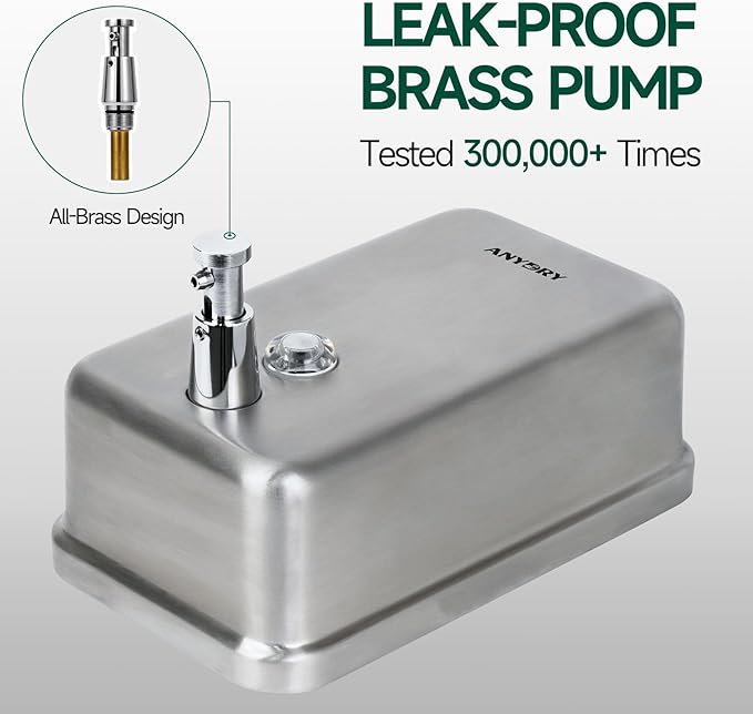 Commercial-Grade Manual Soap Dispenser, Durable Brushed Stainless Steel Finish, 37oz (1100ml), Wall-Mounted for Bathroom & Kitchen