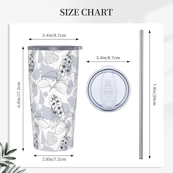 Gray flower Tumbler,Flowers 20oz Stainless Steel Insulated Travel Tumblers,Travel Coffee Mug with Lid and Straw Water Bottle Drink Tumbler Cups Gifts for Women Men Lovers