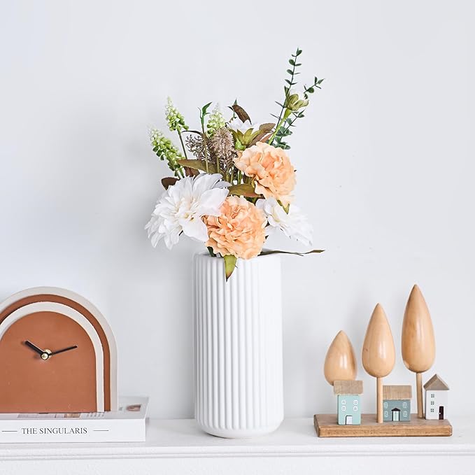 White Ceramic Flower Vase for Pampas Grass, 8 inch Small Decorative Centerpiece Ribbed Vase for Dining Table, Office Desktop, Shelf Bookshelf, Mantel, Entryway, Bathroom, Countertop, Farmhouse, Gift