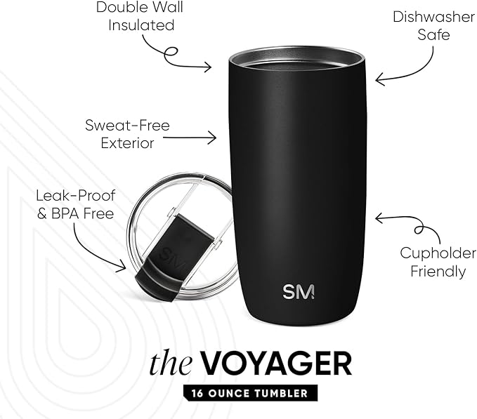 Simple Modern Travel Coffee Mug Tumbler with Flip Lid | Reusable Insulated Stainless Steel Cold Brew Iced Coffee Cup Thermos | Gifts for Women Men Him Her | Voyager Collection | 16oz | Midnight Black