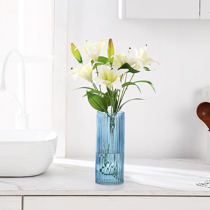 Blue Glass Vase, Glass Flower Vase, Ribbed Glass Vases, Blue Vase, Tall Cylinder Vases for Centerpieces, Living Room, Bedroom, Dining Table, Office, Wedding, Bookshelf Decoration, 10 Inches