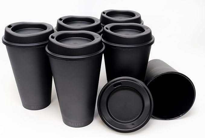 Rolling Sands USA Made 16 oz Reusable Coffee Cups with Lids 6 Pk, To Go Travel Cups, Hot or Cold Drinks, Dishwasher and Microwave Safe, Black