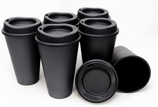 Rolling Sands USA Made 16 oz Reusable Coffee Cups with Lids 6 Pk, To Go Travel Cups, Hot or Cold Drinks, Dishwasher and Microwave Safe, Black