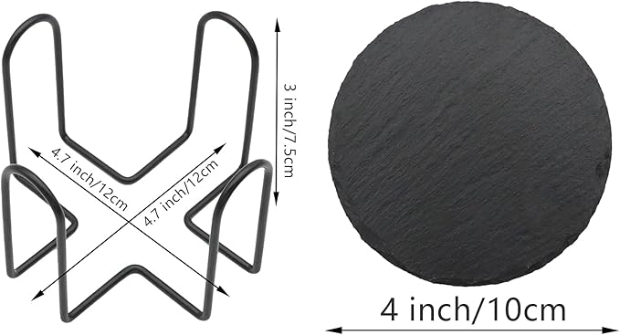 12 Pack Slate Drink Coasters with Metal Holder, VIBRATITE 4 Inch Black Slate Stone Coasters Bulk Laser Engraving Blanks with Anti-Scratch Bottom for Drink Coffee Bar Kitchen Home Decor, Round