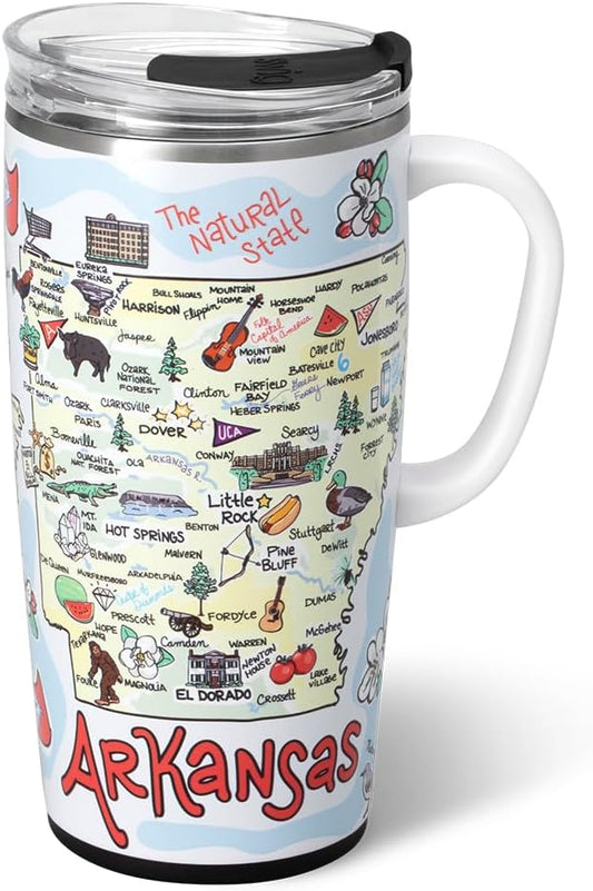 Swig Life 22oz Travel Mug, Insulated Tumbler with Handle and Lid, Travel Coffee Mug, Cup Holder Friendly, Stainless Steel 22 oz Tumbler, Reusable Insulated with Lid (Arkansas)