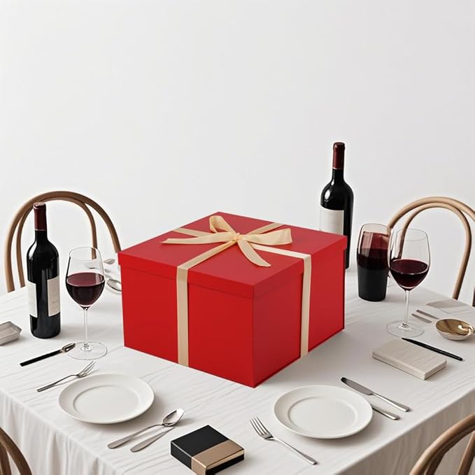 UoeRing 1Pcs Red Extra Large gift box with lids 13×13×7 Inches gift boxes for presents,Birthday Box (include Ribbon, Paper Shred Filler Gift Card & Envelopes)