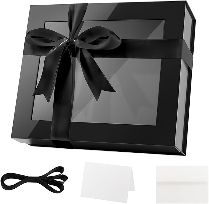 PACKQUEEN Extra Large Black Gift Box with Window, 16.3x14.2x5 Inches Clear Gift Box for Present Contains Ribbon, Card, Groomsman Proposal Box with Magnetic Lid (Glossy Black)
