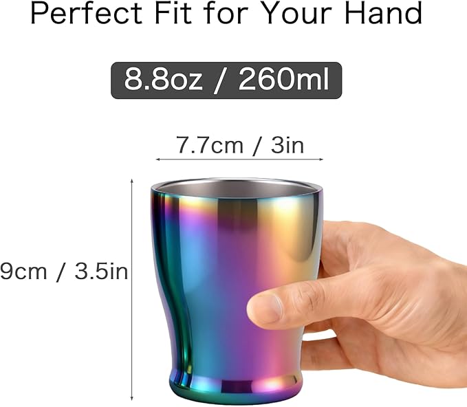 TIAKO 2-Pack Double Wall Stainless Steel Insulated Cups, 8.8oz (260ml), Hot & Cold Drinkware for Travel, Office, Home – Sweat-Proof, Durable, Mirror Polished Finish (Rainbow)