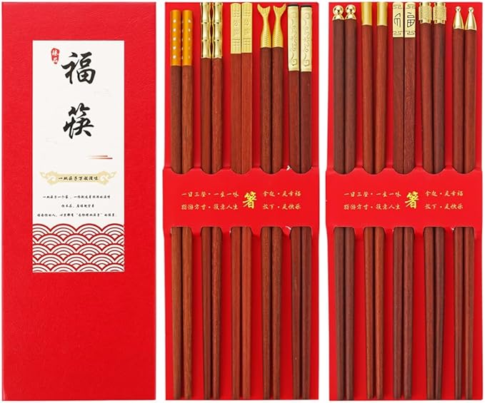 sandalwood chopsticks, 10 pairs of wooden chopsticks gift box, Chinese, Japanese, reusable wooden chopsticks, dishwasher-safe chopsticks (9.8 inches)，Chinese New Year Gift Box (Chinese 十全十美)