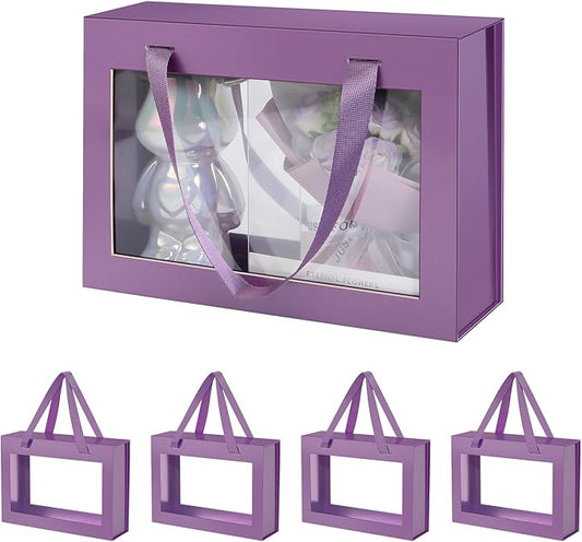 5 Purple Gift Boxes with Windows, Clear Magnetic Gift Boxes for Presents, Bridesmaid Proposal Boxes (11x8x3.2 Inches)