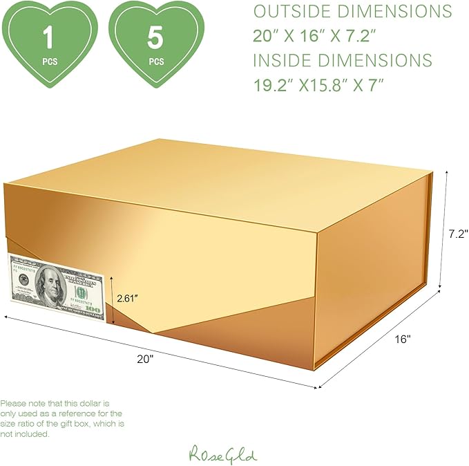 ROSEGLD 5 Extra Large Gift Boxes 20x16x7.2 Inches, Giant Gold Magnetic Gift Boxes with lids for Presents, Bridesmaid Proposal Boxes (Glossy Gold)