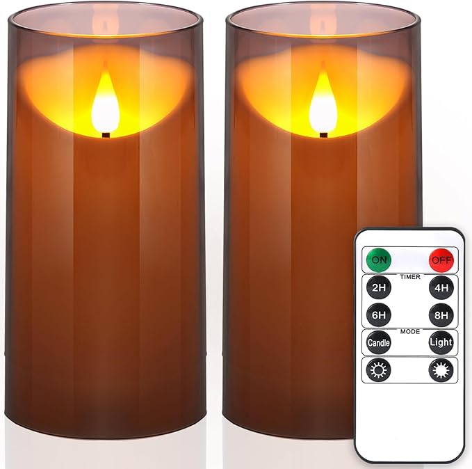 NURADA Flameless Candles with Remote Timer: 3D Wick Battery Operated Led Pillar Candle Unbreakable Acrylic Fake Candle Set for Home Decoration Romantic Ambiance- Grey 2 Pack