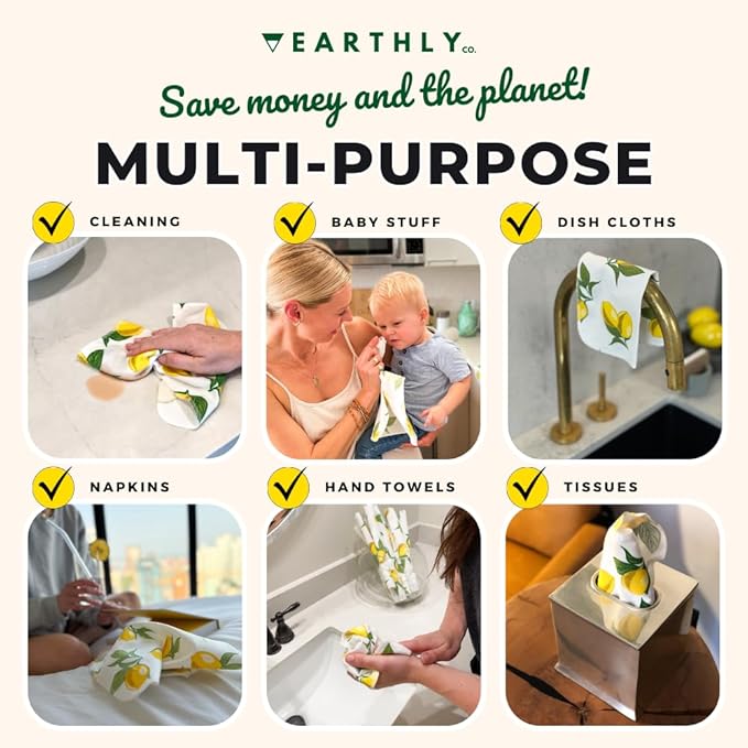 Reusable Paper Towels - 10 Pack - Roll of Washable Cotton Cloth Paper Towels - Paperless Reusable Napkins Cloth Washable - Absorbent + Long Lasting - Zero Waste Products - (Sunshine)