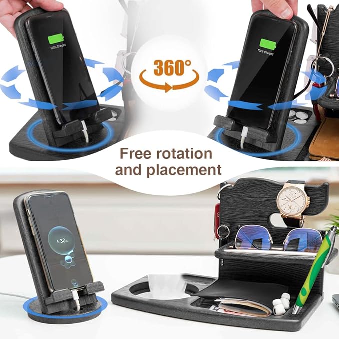 Gifts for Men, Fathers Day Wood Phone Docking Station for Dad, Desk or Nightstand Organizer, Mens Gifts for Husband, Birthday Gifts for Men,Gifts for Fathers Day, Key Holder Wallet, Watch & Essentials
