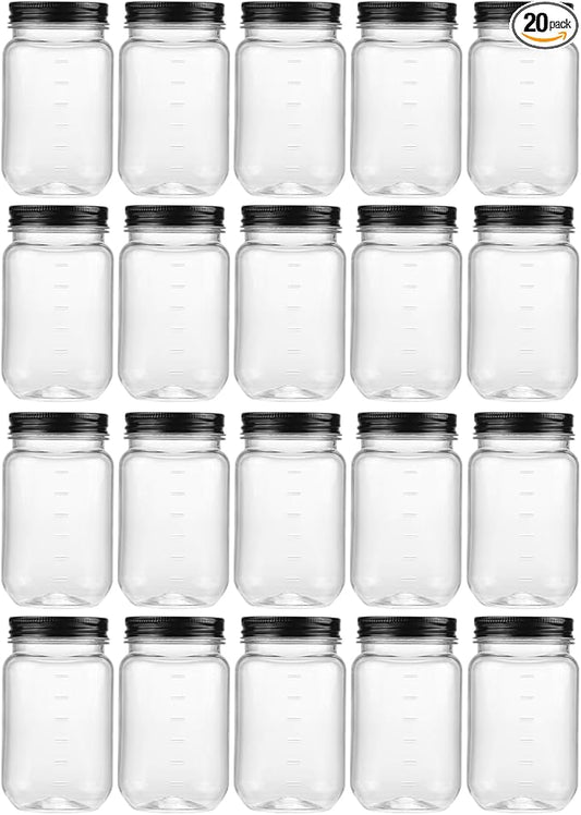 novelinks 16 oz Clear Plastic Jars with Screw-On Lids - BPA-Free Refillable Storage Containers for Slime, Food, Crafts, Kitchen & Household Use (20 Pack,Black)
