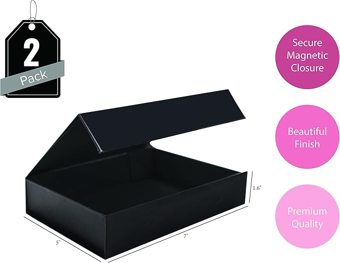 2 Pack Black Hard Gift Box with Magnetic Closure Lid 7" x 5" x 1.6" Rectangle Boxes For Gifts With Black Glossy Finish (Black, 2 Boxes)