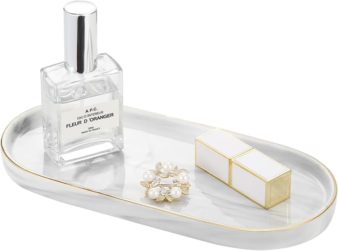 Luxspire Bathroom Vanity Tray, Marble Ceramic Dresser Jewelry Dish with Golden Rim, Decorative Tray Countertop Sink Storage Holder Organizer for Soap Candles Perfume Comestic Home Decor, Marble White